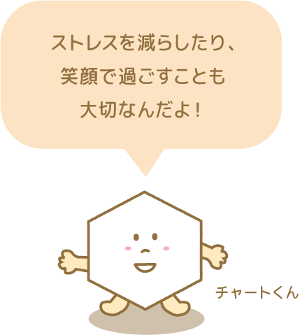 チャートくんのコメント「ストレスを減らしたり、笑顔で過ごすことも大切なんだよ！」